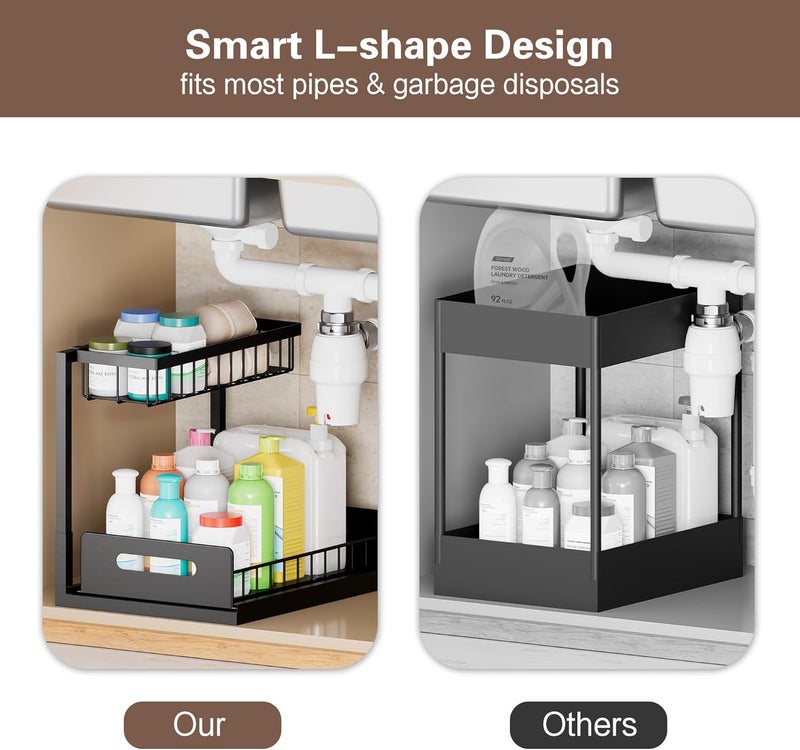 VUSIGN Under Kitchen Sink Organizer, 2 Tier Metal Slide out Sink Shelf Pull out Cabinet Organizer Drawers for Bathroom Kitchen Laundry, 2 Pack, Black - Image 3